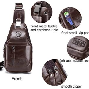 BULLCAPTAIN Genuine Leather Sling Chest Bag Multi-pockets Men Crossbody Bag Travel Casual Small Shoulder Backpack (Dark brown)