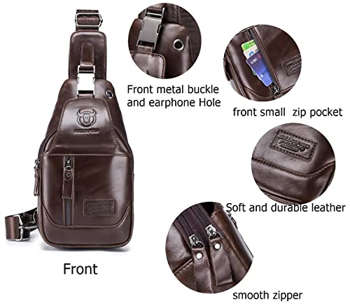 BULLCAPTAIN Genuine Leather Sling Chest Bag Multi-pockets Men Crossbody Bag Travel Casual Small Shoulder Backpack (Dark brown)