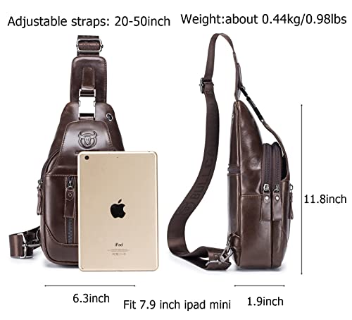 BULLCAPTAIN Genuine Leather Sling Chest Bag Multi-pockets Men Crossbody Bag Travel Casual Small Shoulder Backpack (Dark brown)