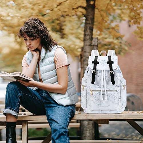 Travel Laptop Backpack for Women and Mens School College Bookbag for Notebook with Trolley Sleeve on Suitcase (Marble white)