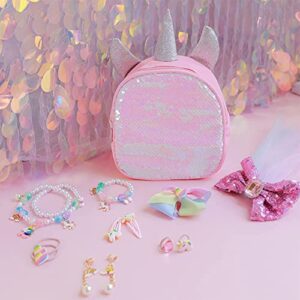 B&Y 12 PCS Unicorn Backpack girls Gifts Jewelry/Necklace/Bracelet/Earring/Hair Clips Toys 3 4 5 Year Old Girl Birthday Gift(Pink)