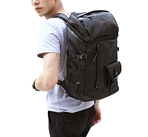 HuaChen Travel PU Leather Backpack for Men Women,Laptop Backpack for School College Bookbag Computer (YZ24_Black)