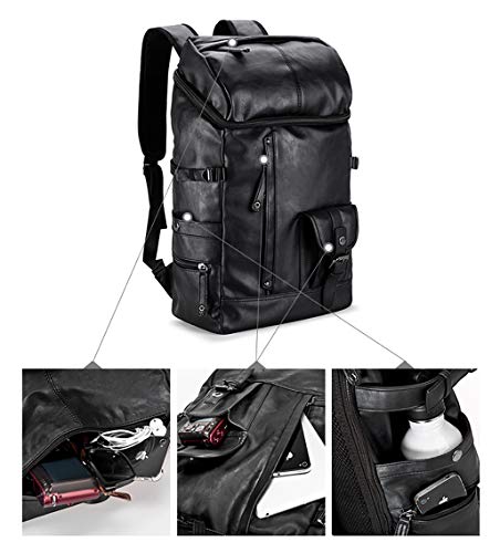 HuaChen Travel PU Leather Backpack for Men Women,Laptop Backpack for School College Bookbag Computer (YZ24_Black)