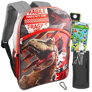 jurassic t-rex world backpack for boys girls kids – 6 pc bundle with 16 inches jurassic park school backpack bag, water pouch, stickers, dinosaur toys, and more (jurassic world school supplies)