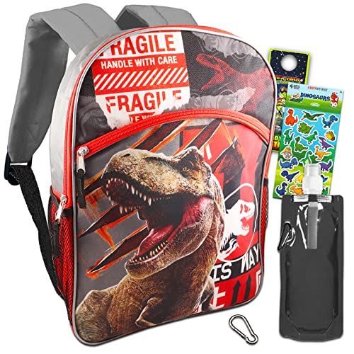 Jurassic T-Rex World Backpack for Boys Girls Kids - 6 Pc Bundle with 16 inches Jurassic Park School Backpack Bag, Water Pouch, Stickers, Dinosaur Toys, and More (Jurassic World School Supplies)