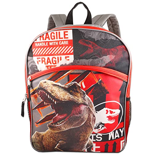 Jurassic T-Rex World Backpack for Boys Girls Kids - 6 Pc Bundle with 16 inches Jurassic Park School Backpack Bag, Water Pouch, Stickers, Dinosaur Toys, and More (Jurassic World School Supplies)