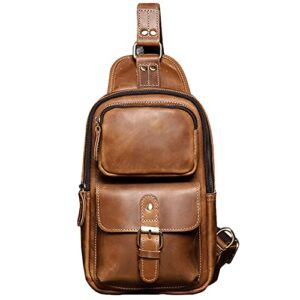 guimiaray vintage men’s sling bag crazy horse leather chest bag large capacity multifunction casual crossbody bag (brown)