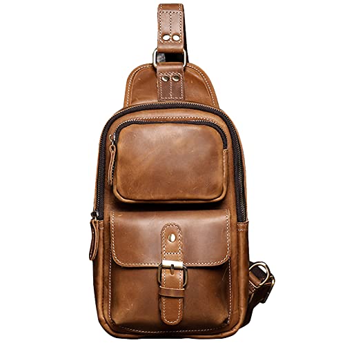 Guimiaray Vintage Men's Sling Bag Crazy Horse Leather Chest Bag Large capacity multifunction Casual Crossbody bag (Brown)