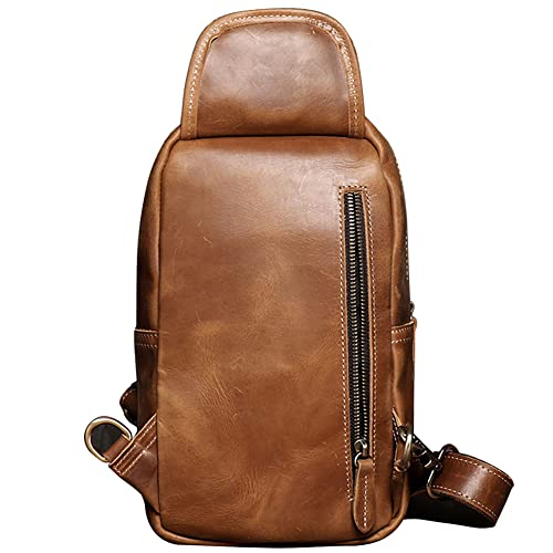 Guimiaray Vintage Men's Sling Bag Crazy Horse Leather Chest Bag Large capacity multifunction Casual Crossbody bag (Brown)