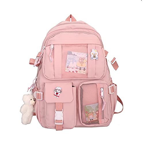 Kawaii Backpack with Bear Pendant, Aesthetic Canvas Students Schoolbag Shoulder Tote Bag Casual Daypack Back to School (Pink)