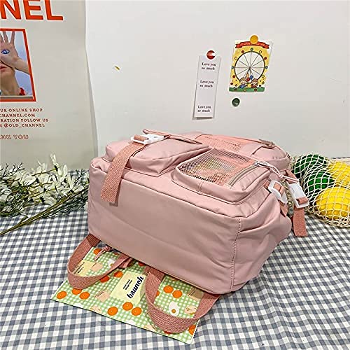 Kawaii Backpack with Bear Pendant, Aesthetic Canvas Students Schoolbag Shoulder Tote Bag Casual Daypack Back to School (Pink)