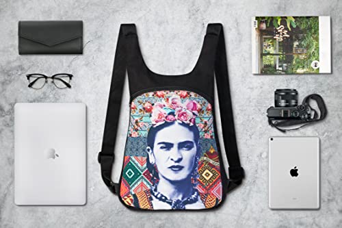 Akitai Frida Kahlo Inspired Backpack - Black Canvas Women Purse - Womens Fashion Art Print Gypsy Bohemian Bag