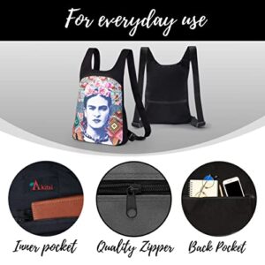 Akitai Frida Kahlo Inspired Backpack - Black Canvas Women Purse - Womens Fashion Art Print Gypsy Bohemian Bag