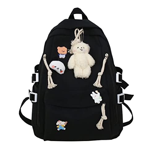 Kawaii Backpack with Cute Pins Accessories Student Bookbags for Teen Girls Middle School Bag Lightweight Travel Backpack(Onesize, Black)