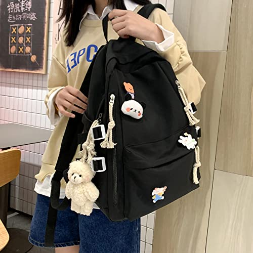 Kawaii Backpack with Cute Pins Accessories Student Bookbags for Teen Girls Middle School Bag Lightweight Travel Backpack(Onesize, Black)