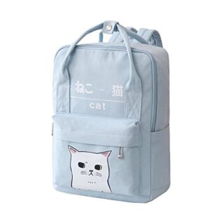 women girls japanese and korean style bags kawaii cat canvas school backpack (blue) one size