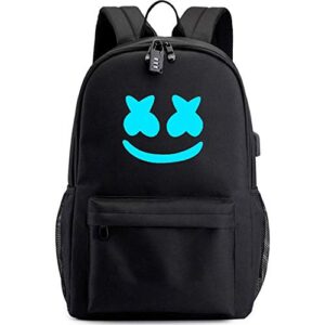 mello backpack marshmallow backpack glow in dark smile laptop backpack for boys w/usb headphone ports & cables & lock (m)