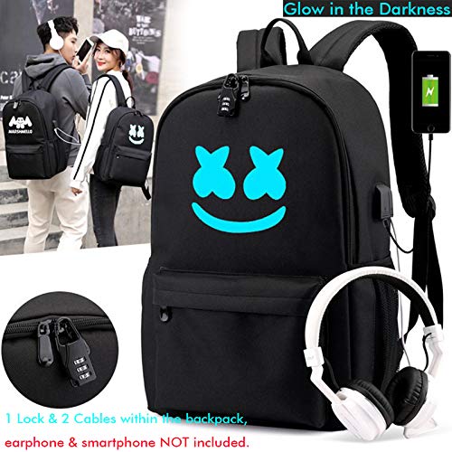 Mello Backpack Marshmallow Backpack Glow in Dark Smile Laptop Backpack for Boys w/USB Headphone Ports & Cables & Lock (M)