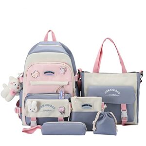 laureltree kawaii aesthetic cute 5pcs school bags set with accessories school suppliers for teens girls backpack tote bag (blue)