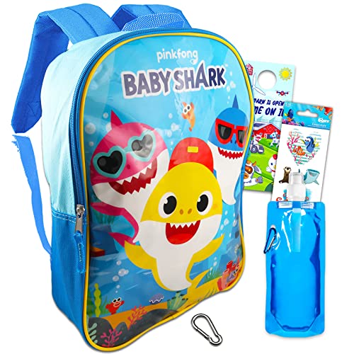 Fast Forward Baby Shark Backpack for Toddlers, Kids - Baby Shark School Supplies Bundle with 15” Baby Shark School Bag Plus Stickers, Water Bottle, Backpack Clip, and More (Baby Shark Travel Bag)