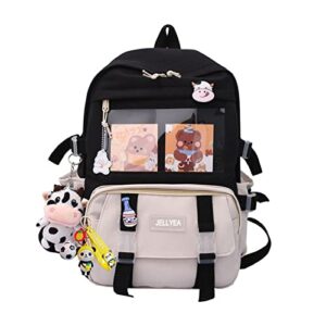 jellyea kawaii school backpack with cute milk cow accessories kawaii pins for girls teen (black)