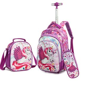 zbaogtw rolling backpack for girls,unicorn rolling backpack with lunch box and pencil bag, adjustable length wheeled backpack for school,travel,picnic