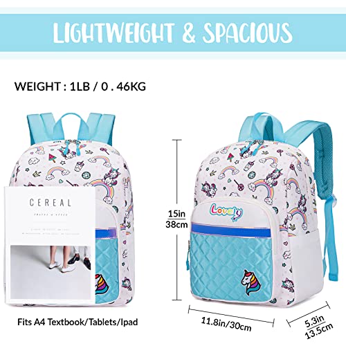 Lohol Cute Unicorn Backpack for Little Kids, Lightweight School Bookbag for Kindergarten Children Girl with Chest Strap (Light Blue)