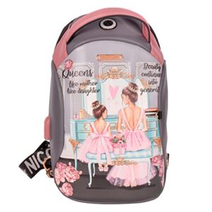 nicole lee sling backpack with usb charging and earphone ports, top handle travel school crossbody bag, adjustable strap (double queens)