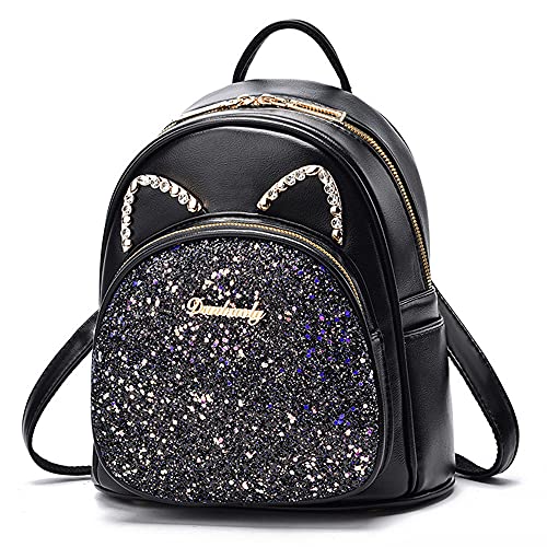 natyrlpog Mini Backpack for Women Cute Cat Ears Design, Leather Small Backpack Purse for Teen Girls with Sequin Decoration