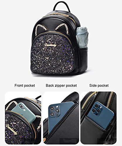 natyrlpog Mini Backpack for Women Cute Cat Ears Design, Leather Small Backpack Purse for Teen Girls with Sequin Decoration