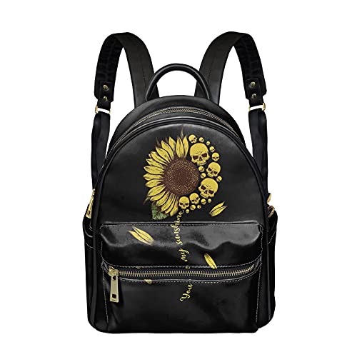 KUILIUPET Women Fashion Backpack Sunflower Skulls Printed PU Leather Shoulder Bag with Front/ Side/ Inner Pockets Casual Daypacks Waterproof Zip