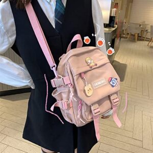 Kawaii Backpack for Girls, Waterproof Nylon Mini School Bag Cute Japanese with Cute Pendant (Pink)