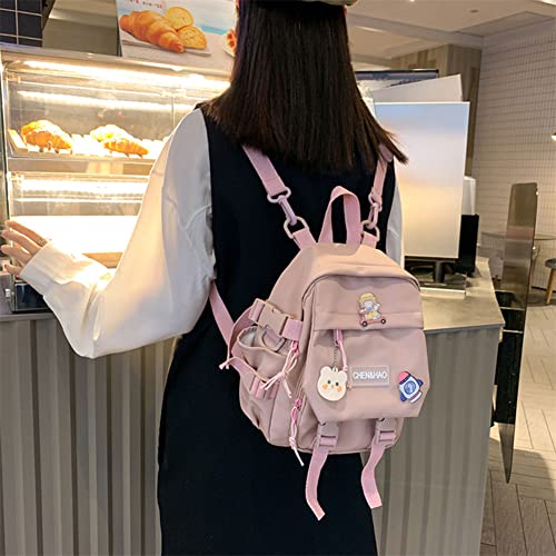 Kawaii Backpack for Girls, Waterproof Nylon Mini School Bag Cute Japanese with Cute Pendant (Pink)