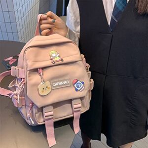 Kawaii Backpack for Girls, Waterproof Nylon Mini School Bag Cute Japanese with Cute Pendant (Pink)