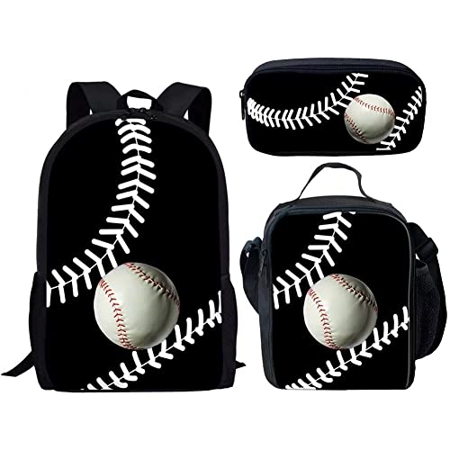 Baseball Design Backpack 3 Piece Set School Bag Bookbag with Lunch Box and Pencil Case Set for Boys Girls