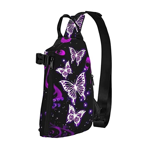 Ykklima Purple Butterfly Pattern Sling Backpack Rope Crossbody Shoulder Bag for Men Women Travel Hiking Outdoor Daypack