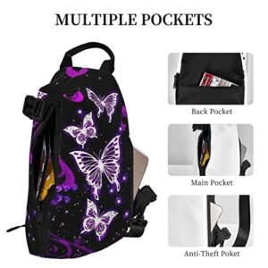 Ykklima Purple Butterfly Pattern Sling Backpack Rope Crossbody Shoulder Bag for Men Women Travel Hiking Outdoor Daypack