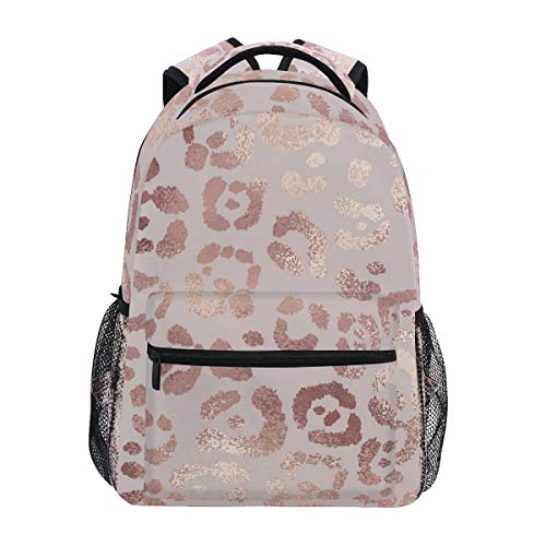 Moudou Stylish Rose Gold Leopard Backpack Middle College Student Bookbag Travel Daypack for Men Women Teens Boys Girls