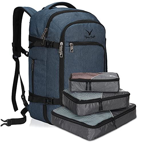 Hynes Eagle Travel Backpack 40L Flight Approved Carry on Backpack Blue with Grey 3PCS Packing Cubes Set