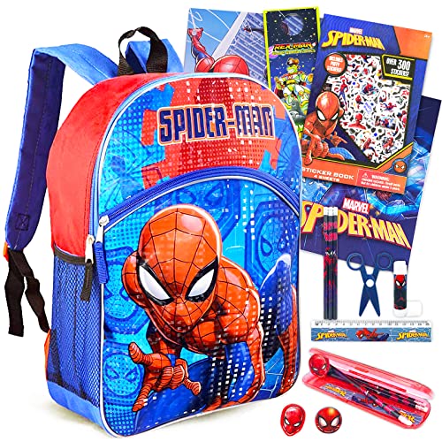 Marvel Shop Spiderman Backpack School Supplies Set ~ 14 Pc Bundle With 16 inch Spiderman School Bag For Boys, Girls, and Kids, Notebook, Pencil, and More (Spiderman Back to School)