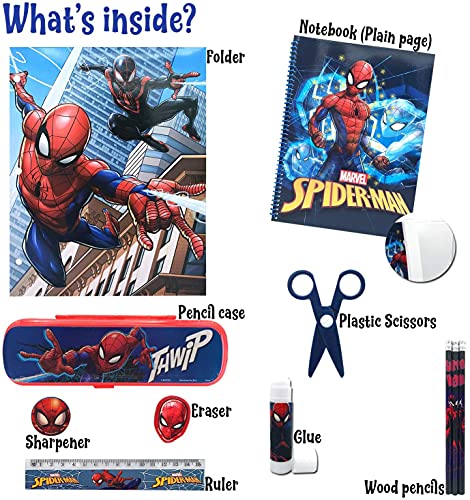 Marvel Shop Spiderman Backpack School Supplies Set ~ 14 Pc Bundle With 16 inch Spiderman School Bag For Boys, Girls, and Kids, Notebook, Pencil, and More (Spiderman Back to School)