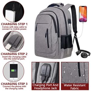 Ogetok Men Travel Backpack for 17.3" Laptop,Business Casual Computer Daypack School Student Bookbag w/ USB Charging Port,Grey