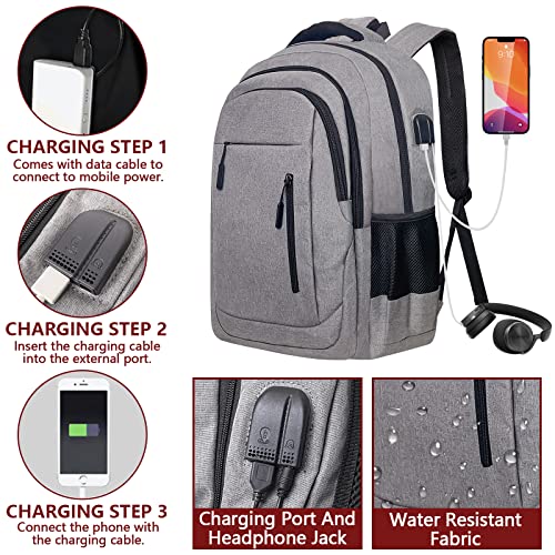 Ogetok Men Travel Backpack for 17.3" Laptop,Business Casual Computer Daypack School Student Bookbag w/ USB Charging Port,Grey