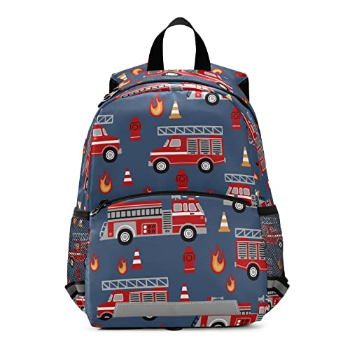 Fisyme Fire Trucks Blue Backpack Schoolbag Kids Daypack Toddler Travel School Bag Small Mini Backpacks for Kindergarten Preschool Nursery Children Boys Girls with Chest Strap