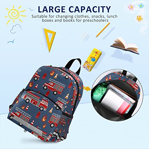 Fisyme Fire Trucks Blue Backpack Schoolbag Kids Daypack Toddler Travel School Bag Small Mini Backpacks for Kindergarten Preschool Nursery Children Boys Girls with Chest Strap