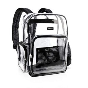 SMARTY Large Heavy Duty Clear Backpack V5.5 Durable Transparent See Through Bag (Black, Front Mesh Organizer)