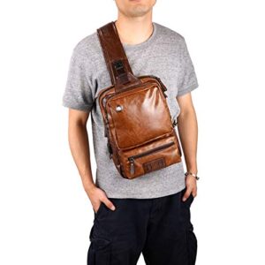 QICHUANG Men Vintage Sling Bag PU Leather Crossbody Unbalance Shoulder Bag with USB Charging Port Gift for Men