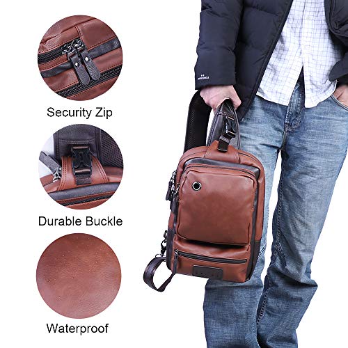 QICHUANG Men Vintage Sling Bag PU Leather Crossbody Unbalance Shoulder Bag with USB Charging Port Gift for Men