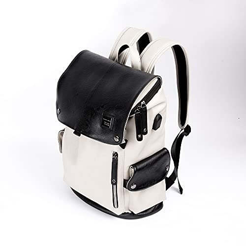 HUANGGUOSHU Women Travel Laptop Backpack Men's Business leather Casual Multipurpose Backpack School Bag With USB Charging Port (Off White)