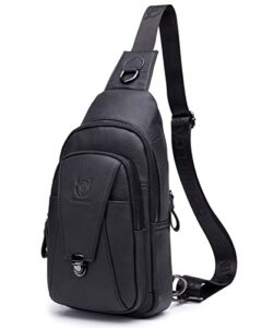 bullcaptain genuine leather men sling crossbody bag backpack outdoor hiking travel chest bag daypack (black)